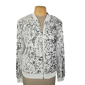 Anna-Kaci Sparkle & Shine‎ Sequin Bomber Jacket White Silver Y90316 Womens Large